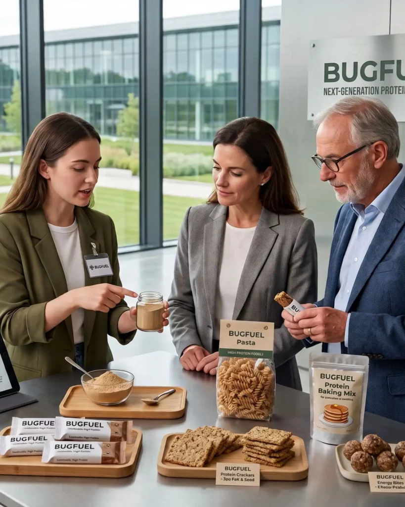 People examining BugFuel eco-friendly products during a corporate meeting, illustrating a strategic portfolio focus on scalable sustainable food production.