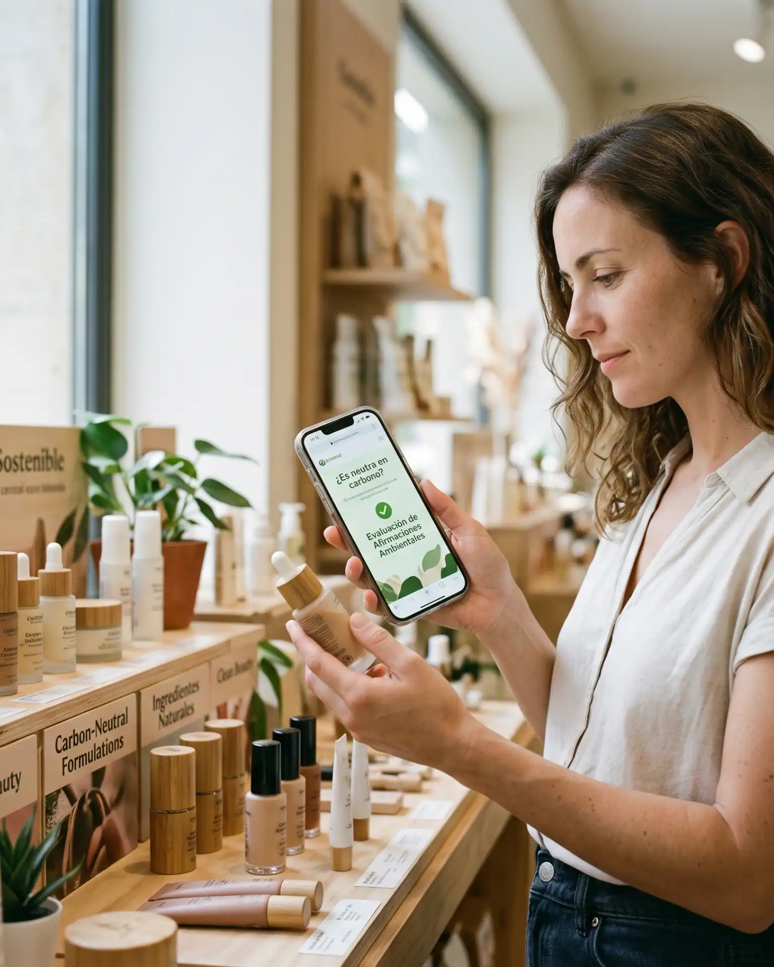 Woman examining eco-friendly cosmetics, reflecting a strategic investment focus on the rapidly growing carbon-neutral beauty market.