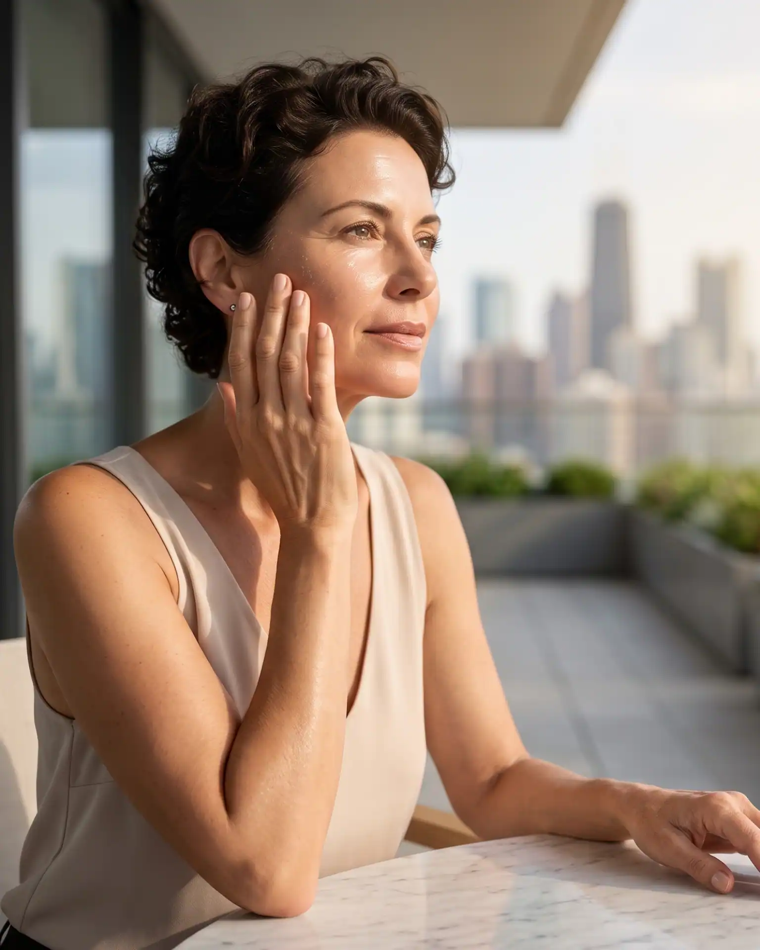 Woman enjoying sunlight on an urban terrace, illustrating a corporate focus on climate adaptive beauty products designed for rising UV and pollution levels.