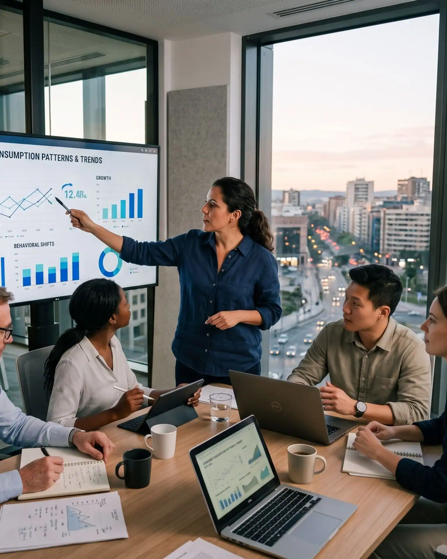 Group of professionals analyzing data on a whiteboard, illustrating a proactive corporate approach to anticipating consumer trends and dynamics.