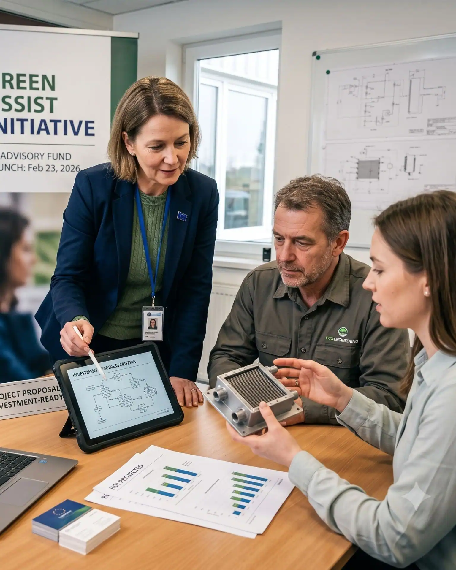 Group of professionals gathered to discuss an event, representing a strategic focus on the EU Green Assist launch and investment-ready SME projects.