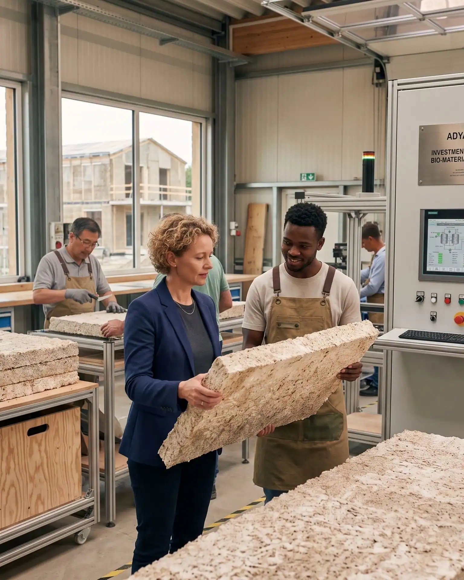 A team collaborating with innovative, sustainable alternative construction materials, visualizing ADYACAP's strategic corporate vision of tangible value creation.